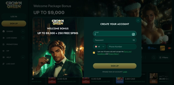 Crowngreen casino account registration promotional banner