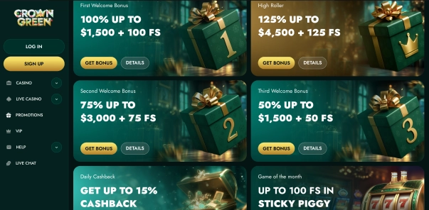 Crowngreen casino bonus offers banner with green currency stacks